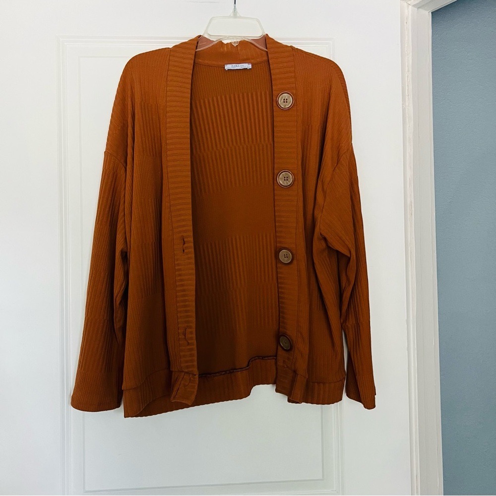 Zara Basic Women’s Caramel Knit Long Length Cardigan Top Size Small Oversized
